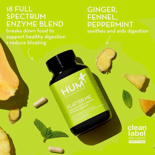 HUM Flatter Me - Digestive Enzymes for Bloated Belly Relief - Ginger, Fennel Seed, Peppermint Capsules for Bloating with 18 Full Spectrum Enzymes to Support Gut Health & Food Breakdown (60 Capsules)