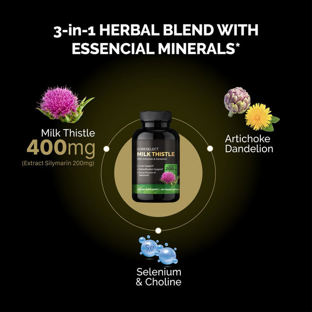 KORESELECT Liver Detox Supplement with Milk Thistle Silymarin, Dandelion Root, Artichoke Extract, Fatty Liver Repair Health Formula - 60 Capsules