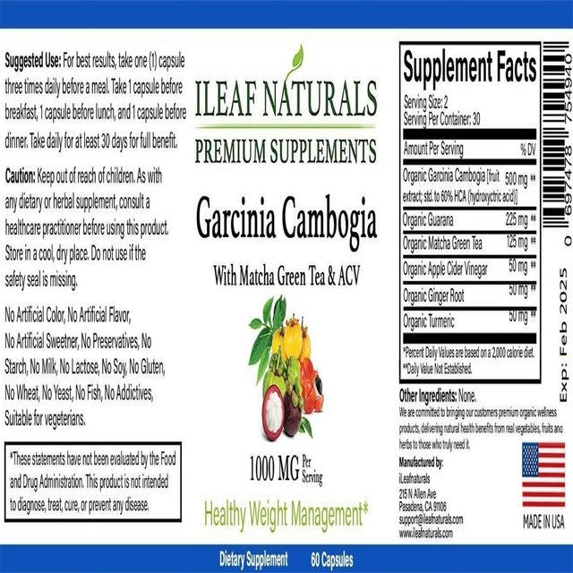 Ileafnaturals Garcinia Cambogia with Matcha Green Tea & ACV - 60 Veggie Capsules