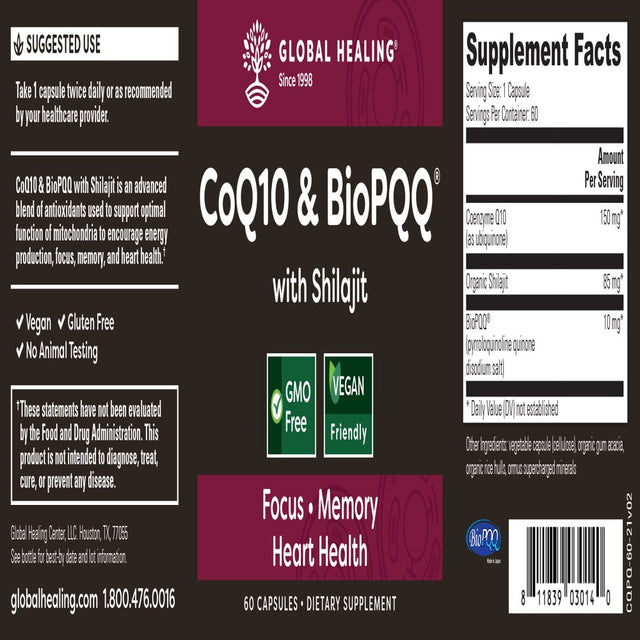 Global Healing Coq10 & Biopqq Supplement with Organic Shilajit - 60 Capsules