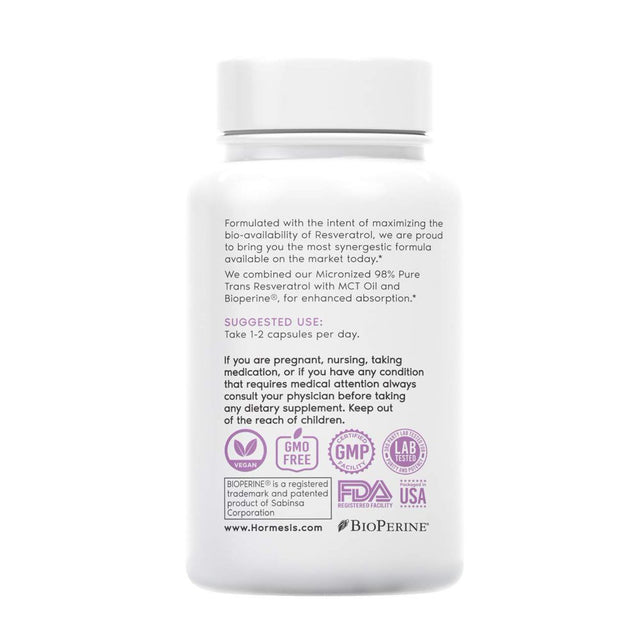 Hormesis® Micronized Trans Resveratrol 600Mg with Patented Bioperine® and MCT Oil (70 Capsules)