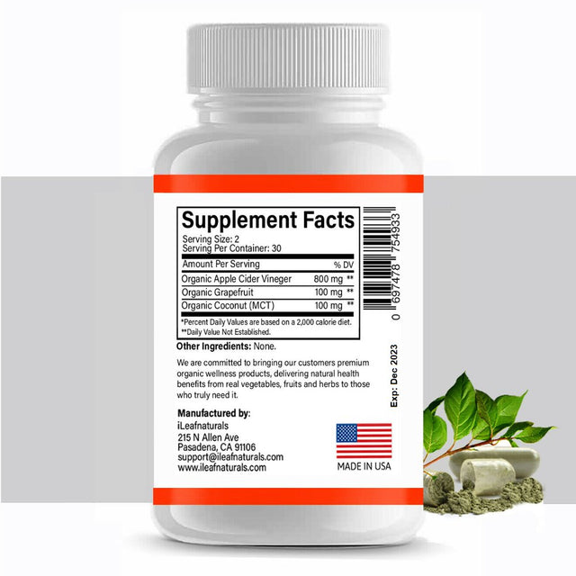 Ileaf Naturals Apple Cider Vinegar with Mother, Grapefruit & MCT - 60 Veggie Capsules
