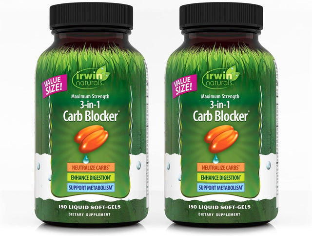 Irwin Naturals Maximum Strength 3-In-1 Carb Blocker - Neutralize Carbohydrates and Support Metabolism - 150 Liquid Softgels Twin Pack