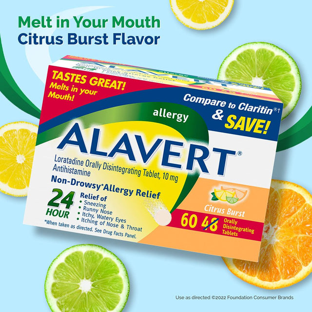 Alavert Allergy 24 Hour Relief, Citrus Burst Flavor, Orally Disintegrating Allergy Tablets, Non-Drowsy Antihistamine, Loratadine 10Mg, 60 Count