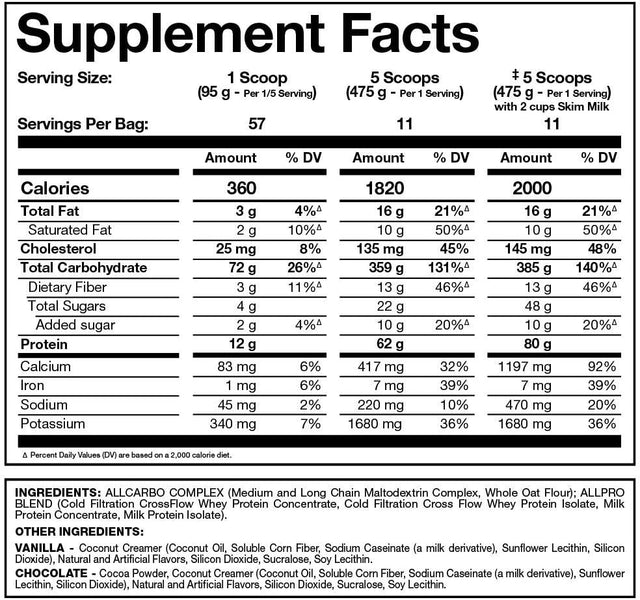 ALLMAX ALLMASS, Vanilla - 12 Lb - Advanced Muscle Gainer - up to 80 Grams of Protein per Serving - 5:1 Carb-To-Protein Ratio - Zero Trans Fat - up to 57 Servings