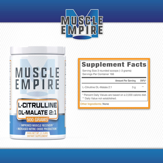 L-Citrulline Dl-Malate 2:1 Powder - Nitric Oxide Booster & Muscle Recovery Support - 500 Grams