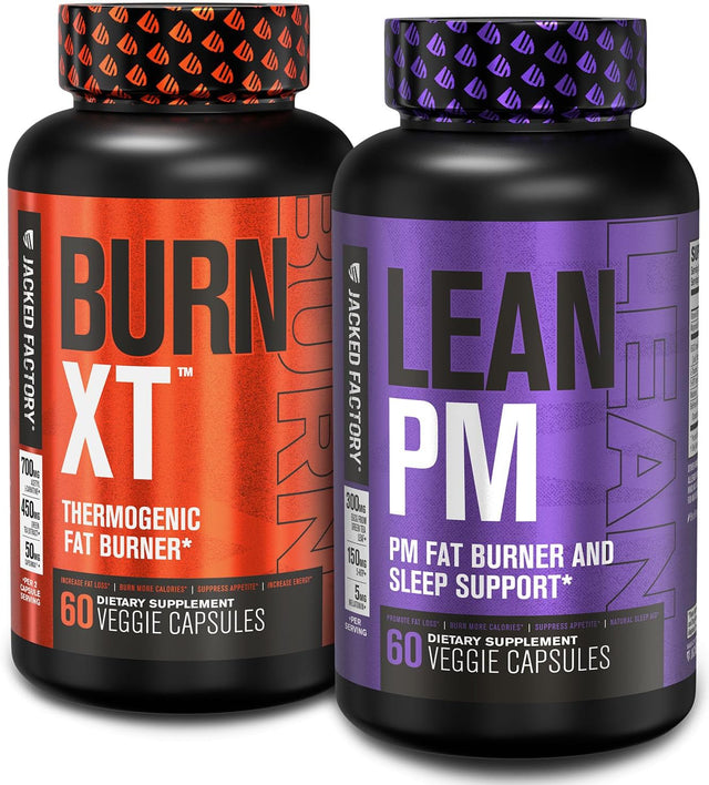 Jacked Factory Burn XT Thermogenic Fat Burner & Lean PM Nighttime Weight Loss Supplement for Men & Women 60 Veggie Diet Pills