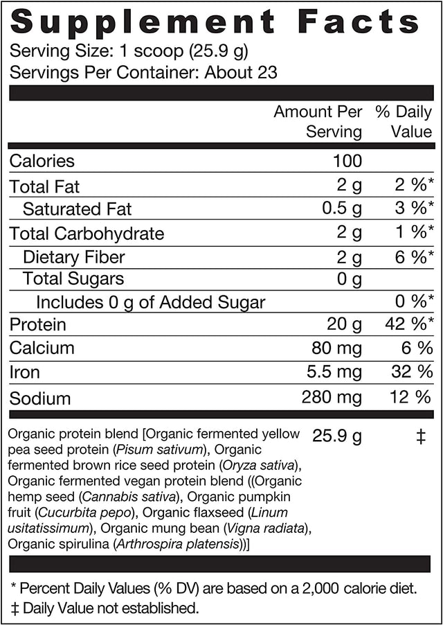 Genuine Health Fermented Organic Vegan Proteins+, Unflavored Protein Powder, 20G Protein, 21.16 Ounce Tub, 20 Servings