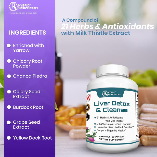 Hybrid Nutraceuticals Liver Cleanse Detox & Repair - Silymarin Milk Thistle, Zinc, Beetroot, Artichoke Extract, Dandelion Root, Grape Seed, - 60 Capsules