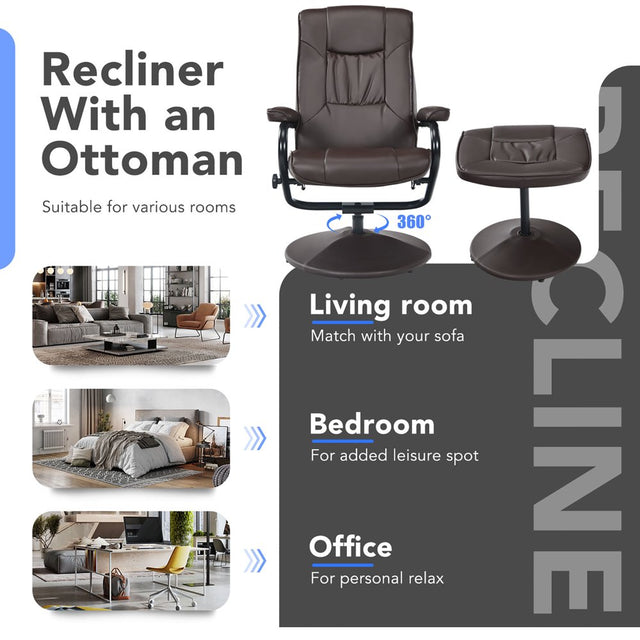Costway 360° Swivel Recliner Chair PVC Leather Lounge Accent Armchair W/ Ottoman Brown