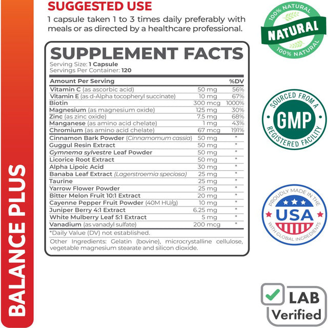 Healths Harmony Balance plus (120 Capsules) Helps Support Blood Glucose Levels Already in the Normal Range - Multi Vitamin, Mineral, and Herb Supplement