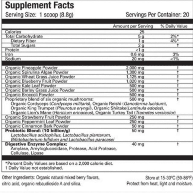 Improved Fortifeye Organic Blue Green Superfood Supplement Powder - Raw, Vegan, Paleo, Gluten Free, Green Superfood Powder - Berry Flavor, 20 Servings per Container