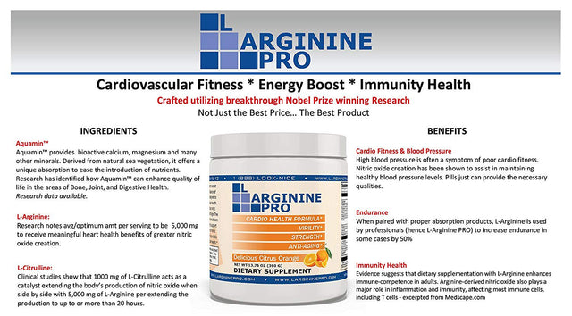 L-Arginine Pro Powder - 5500Mg L-Arginine, 1100Mg L-Citrulline Cardio Health (Citrus Orange, 1 Bag (30 Packets)