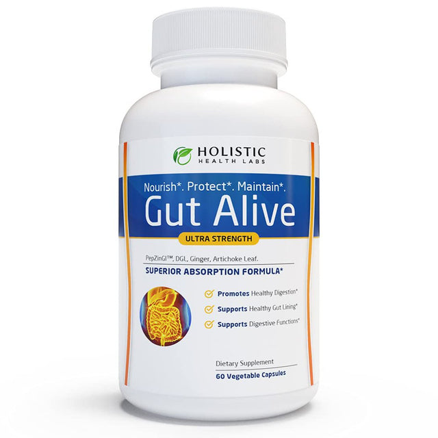 Gut Alive for Restoring Gut Lining - All Natural Support to Fight Leaky Gut, IBS, Heartburn, Acid Indigestion, Acid Reflux, Bloating & Gas. Unique Formulation. 60 Capsules.