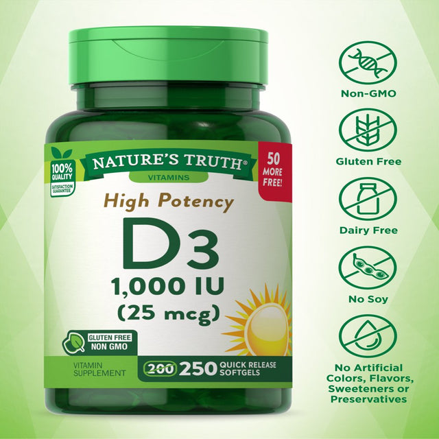 D3 1000 Iu 250 Softgels | Essential Vitamin D | Value Size | Non-Gmo, Gluten Free | by Nature'S Truth