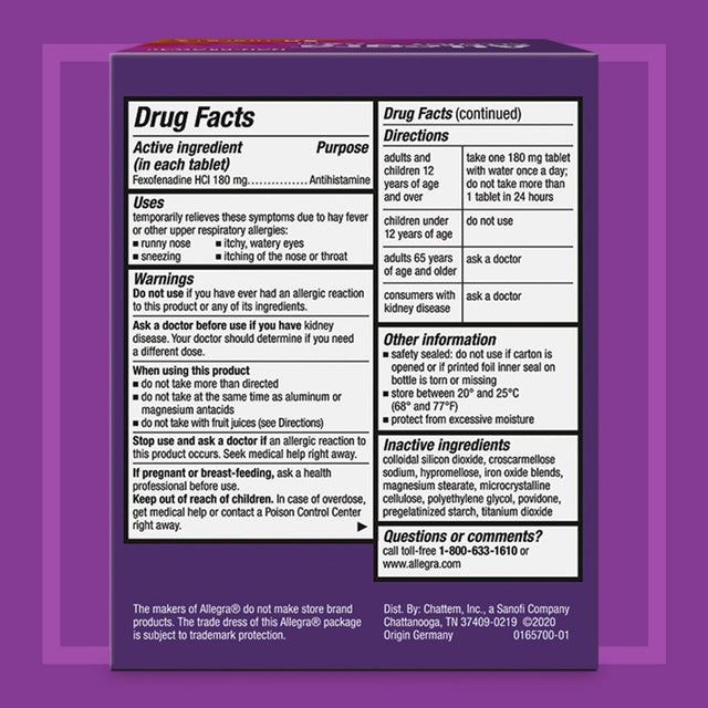 Allegra Adult 24 Hour Non-Drowsy Antihistamine Allergy Relief Medicine 180Mg Tablets 90Ct