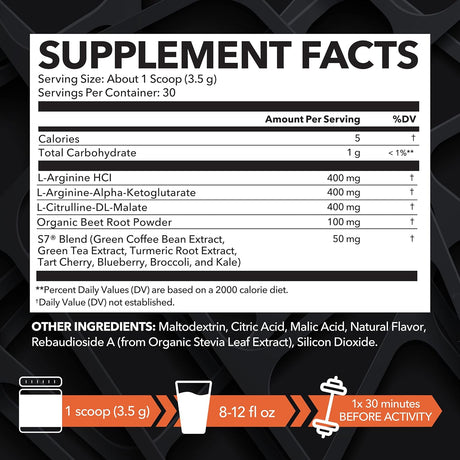 L Arginine Powder | L-Arginine L-Citrulline Organic Beet Root and S7 Plant-Based Ingredients for Pre Workout and Post Workout | Nitric Oxide Supplements for Men & Women | Tangerine L-Arginine Powder
