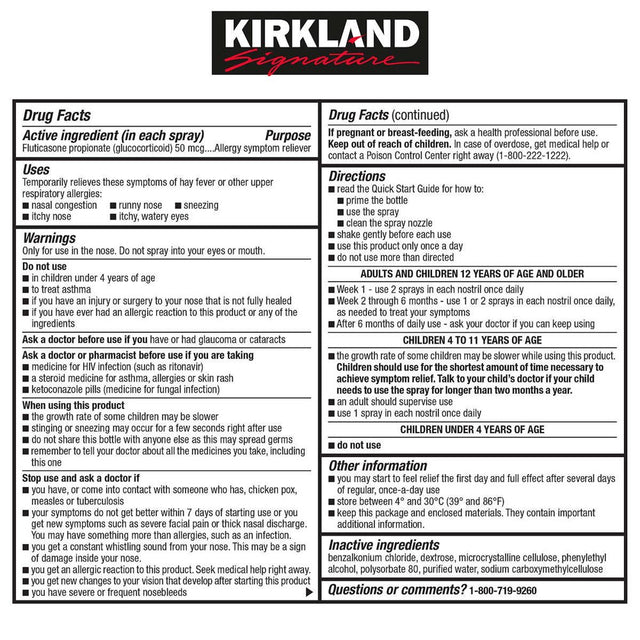 Kirkland Signature Aller-Flo Fluticasone Propionate (Glucorticoid) 5 Bottles X 120 Metered Sprays .54 Fl OZ per Bottle