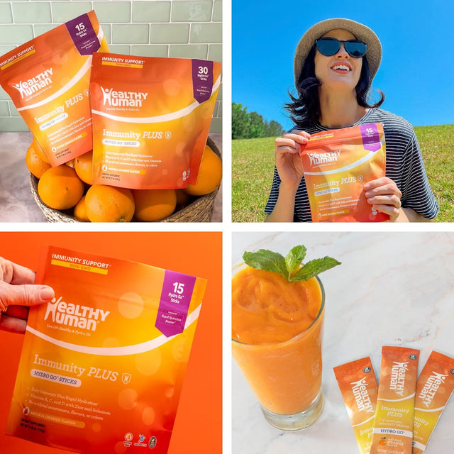 Healthy Human Hydrogo Immunity plus Electrolytes Hydration Powder | Rapid Hydration Booster Electrolyte Packets | Natural Orange Flavor Drink Mix for Immunity Boost | Made in USA - 30 Stick Packets