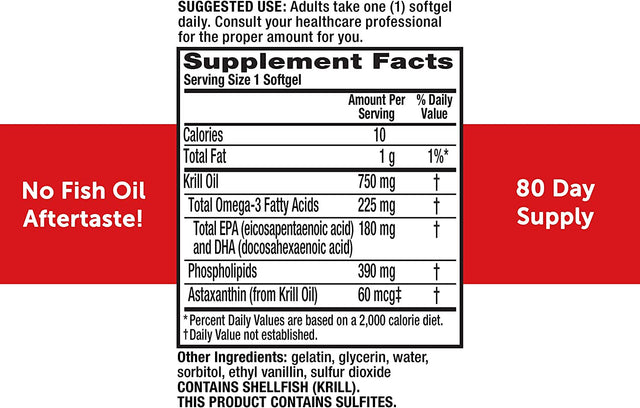 Megared Krill Oil 750Mg Omega 3 Supplement with EPA, DHA, Astaxanthin & Phopholipids, Supports Heart, Brain, Joint and Eye Health, No Fish Oil Aftertaste - 80 Softgels (80 Servings)