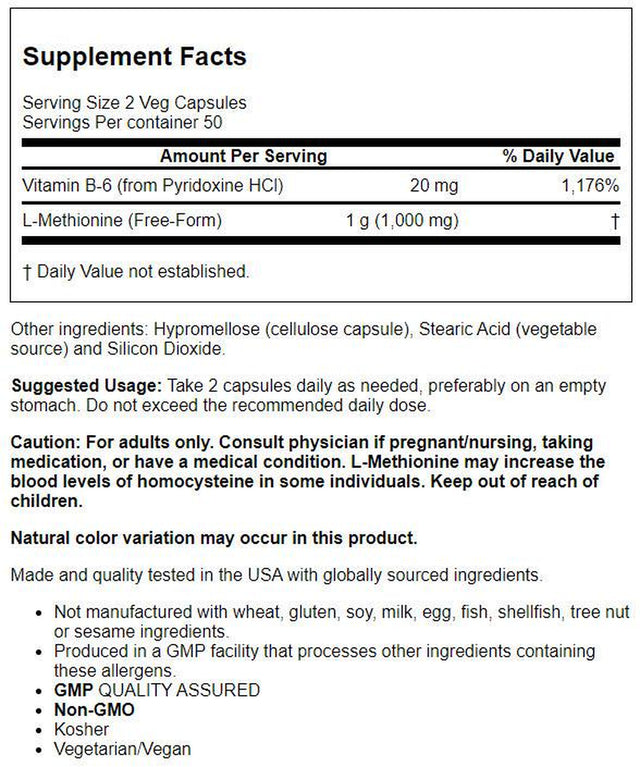 L-Methionine, 500 Mg, 100 Capsules, NOW Foods
