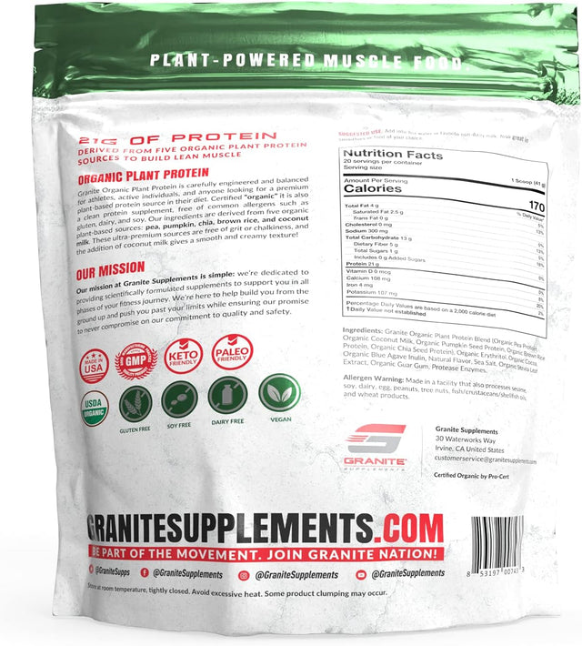 Granite® Organic Vegan Plant Protein (Chocolate) | 21G Complete Spectrum Protein to Build Lean Muscle | 5 Plant Sources: Pea, Pumpkin, Chia, Rice, Coconut Milk | No Gluten, Dairy or Soy | 1.8Lb