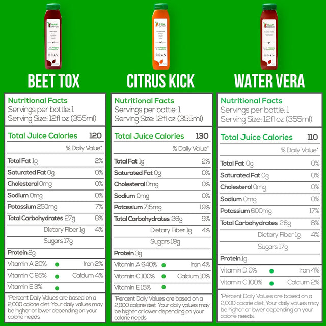 3 Day Juice Cleanse by Raw Fountain, Tropical Flavors, All Natural Raw, Cold Pressed Fruit and Vegetable Juices, Detox Cleanse, 18 Bottles 12Oz, 3 Bonus Ginger Shots