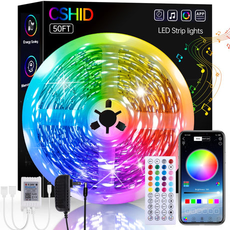 LED Strip Light, 50FT/15M Smart RGB Tape Rope Light 5050 SMD 600Leds Sync Music Light 16 Million Colors Changing Bluetooth APP Control W/ 40-Key Remote for Home Bedroom TV Car Xmas Decor
