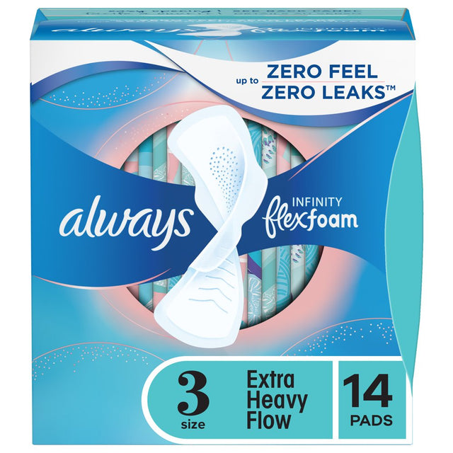 Always Infinity Feminine Pads with Wings, Size 3, Extra Heavy Absorbency, Unscented, 14 Count