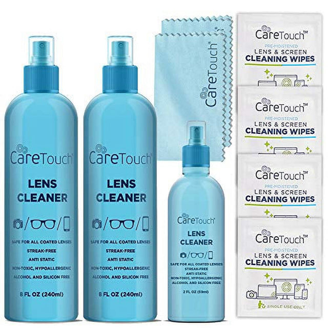 Care Touch Alcohol-Free Lens Cleaner Kit - (2) 8 Oz Spray Bottles, (1) 2 Oz Travel Spray Bottle, (6) Individually-Wrapped Wipes, (2) Microfiber Cloths | Safe for Coated Lenses, Eyeglasses, Screens