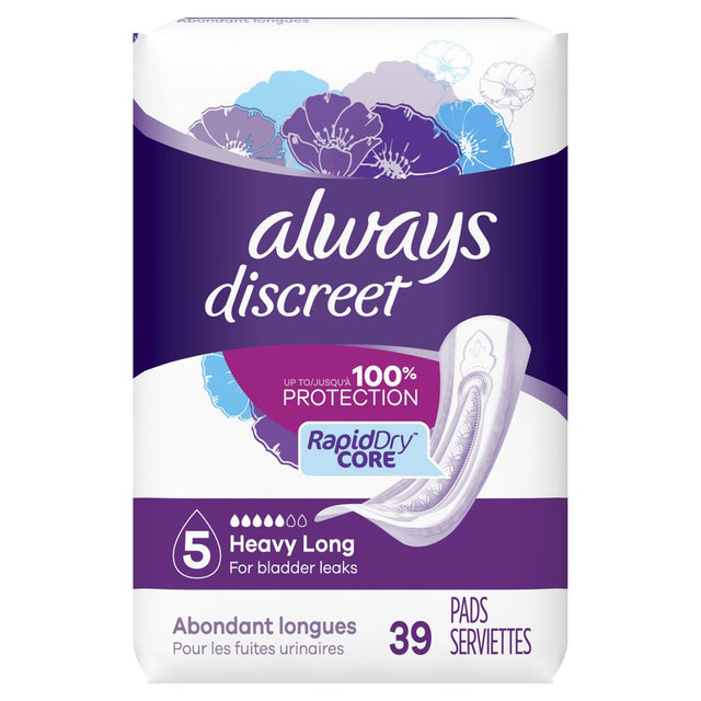 Always Discreet Incontinence Pads, Heavy Absorbency, Long, 39 Ct