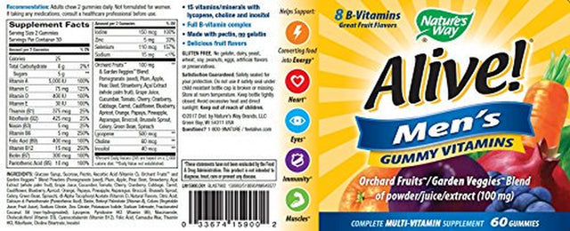 Alive! Men'S Gummy Vitamin, Complete Multi-Vitamin Supplement with Orchard Fruits/Garden Veggies Blend of Powder/Juice/Extract, 60 Gummies.