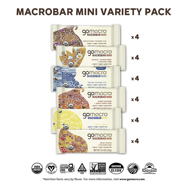 Gomacro Macrobar Mini Organic Vegan Protein Bars - Variety Pack (0.9 Ounce Bars, 24 Count)