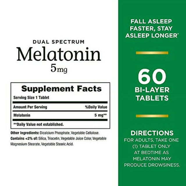 Nature’S Bounty Melatonin 5Mg Dual Spectrum, 100% Drug Free Sleep Supplement, Quick Release and Extended Release, Promotes Relaxation and Sleep Health, 60 Bi-Layer Tablets