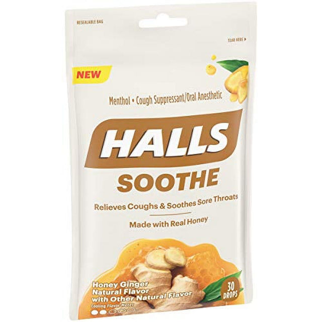 Halls Soothe Honey Ginger Flavored Cough Drops, 30 Drops