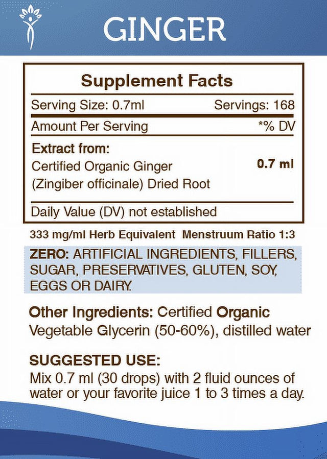Ginger Tincture Alcohol-Free Extract, Organic Ginger Zingiber Officinale Healthy Digestion 4 Oz