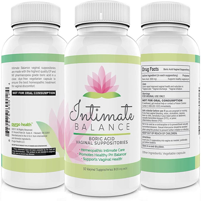 Intimate Balance Boric Acid Vaginal Suppositories 30 Count, 600Mg 100% Pure Made in USA Purgo Health