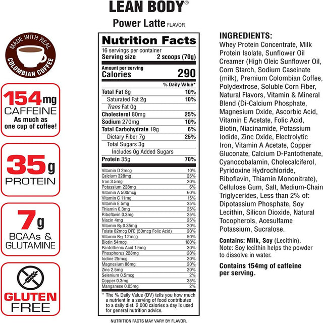 Labrada Lean Body Hi-Energy Meal Replacement Shake, Power Latte, 35G Protein, 2.47Lb