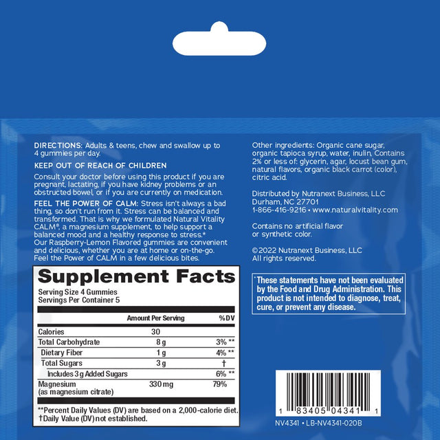 Natural Vitality Calm Magnesium Supplement Gummies, Raspberry Lemon, 330 Mg, 20 Count