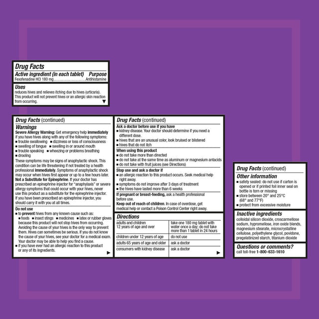 Allegra Adult Hives 24 Hour Non-Drowsy Antihistamine Allergy Relief Medicine 180Mg Tablets 30Ct