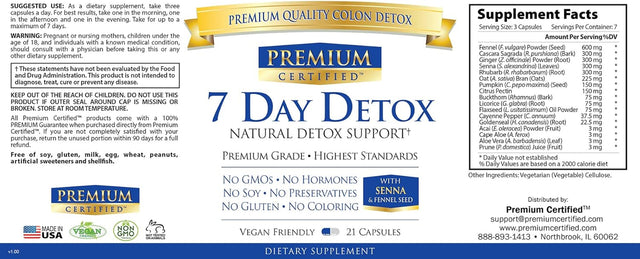 7 Day Detox - Cleanse the Digestive System Naturally, Flush Toxins - Fennel Seed 600Mg, Ginger Root 300Mg, Cascara Sagrada 300Mg - 21 Capsules - Vegan Friendly