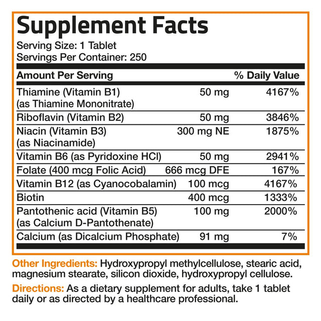 Bronson Super B Vitamin B Complex Sustained Slow Release (Vitamin B1, B2, B3, B6, B9 - Folic Acid, B12) Contains All B Vitamins 250 Tablets