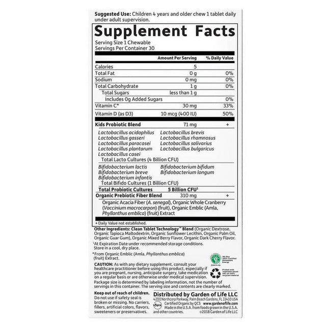 Garden of Life Dr. Formulated Kids Organic Probiotics | Daily Care | 5 Billion CFU | 30Ct Berry Cherry Chewables