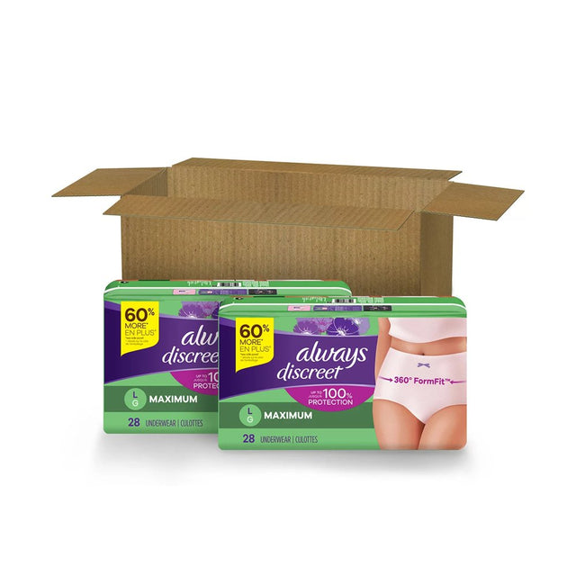 Always Discreet, Incontinence & Postpartum Underwear for Women, Maximum, Large 56 Ct