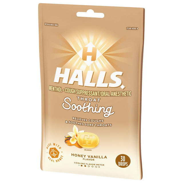HALLS Throat Soothing Honey Vanilla Cough Drops, 30 Drops