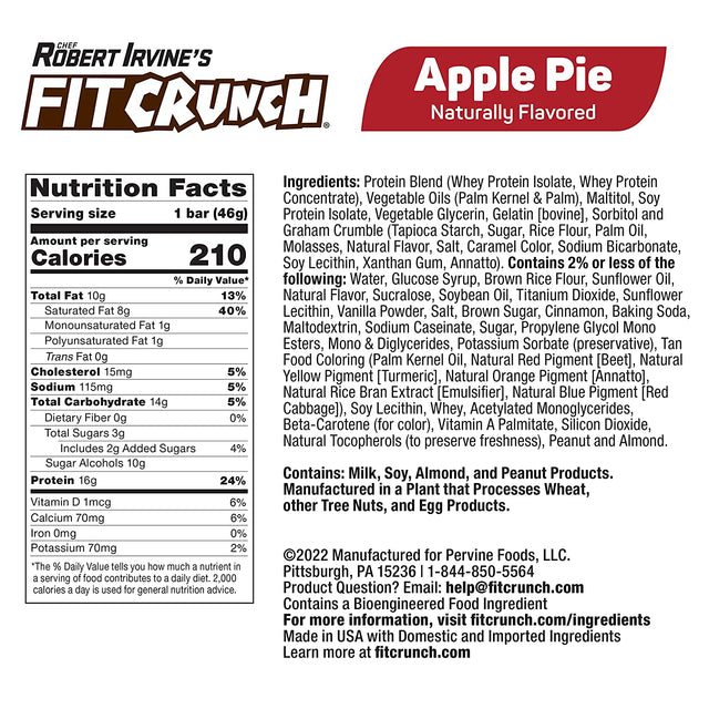 FITCRUNCH Snack Size Protein Bars, Designed by Robert Irvine, 6-Layer Baked Bar, 3G of Sugar, Gluten Free & Soft Cake Core (9 Bars, Apple Pie)