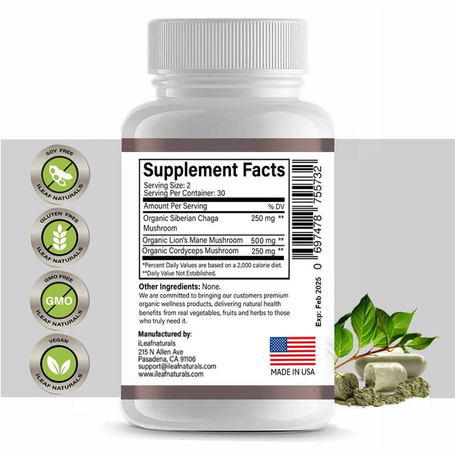 Ileaf Naturals Multi Mushroom Nootropic Blend - 60 Veggie Capsules