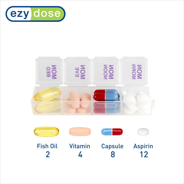 Ezy Dose Weekly (7-Day) Pill Organizer, 4 Times a Day, Push Button, Pop-Out Travel Compartments