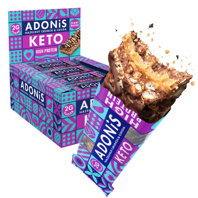 Adonis Hazelnut Crunch & Cocoa High Protein Keto Bars (16X45G Bars) | Vegan & Keto-Friendly | 100% Natural Keto Snacks | Sugar Free, Palm Oil Free | Low Sugar, Low Calorie & Low Carb for Weight Loss