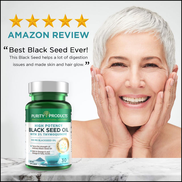 High Potency Black Seed Oil - Double Strength + Cold Pressed - 3% Thymoquinone - 500 Mg Black Cumin Seed Oil - Omega 6 + 9 Essential Fatty Acids - Easy to Swallow, Just One per Day - 30 Mini Softgels